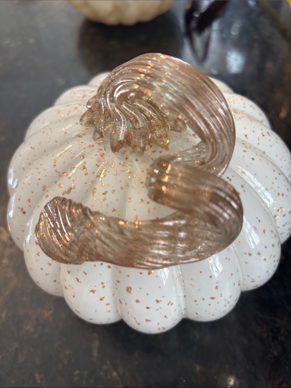 White and Gold Speckled Glass Pumpkin Decorative Accent